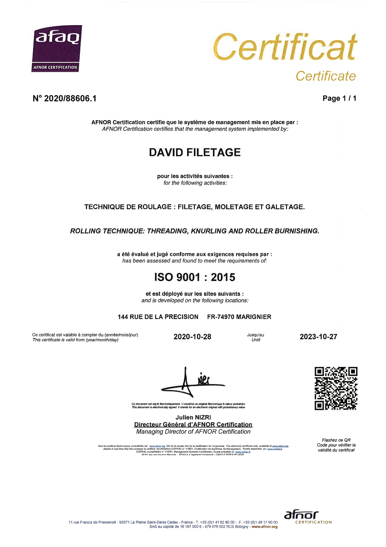 David Filetage - certification iso 9001